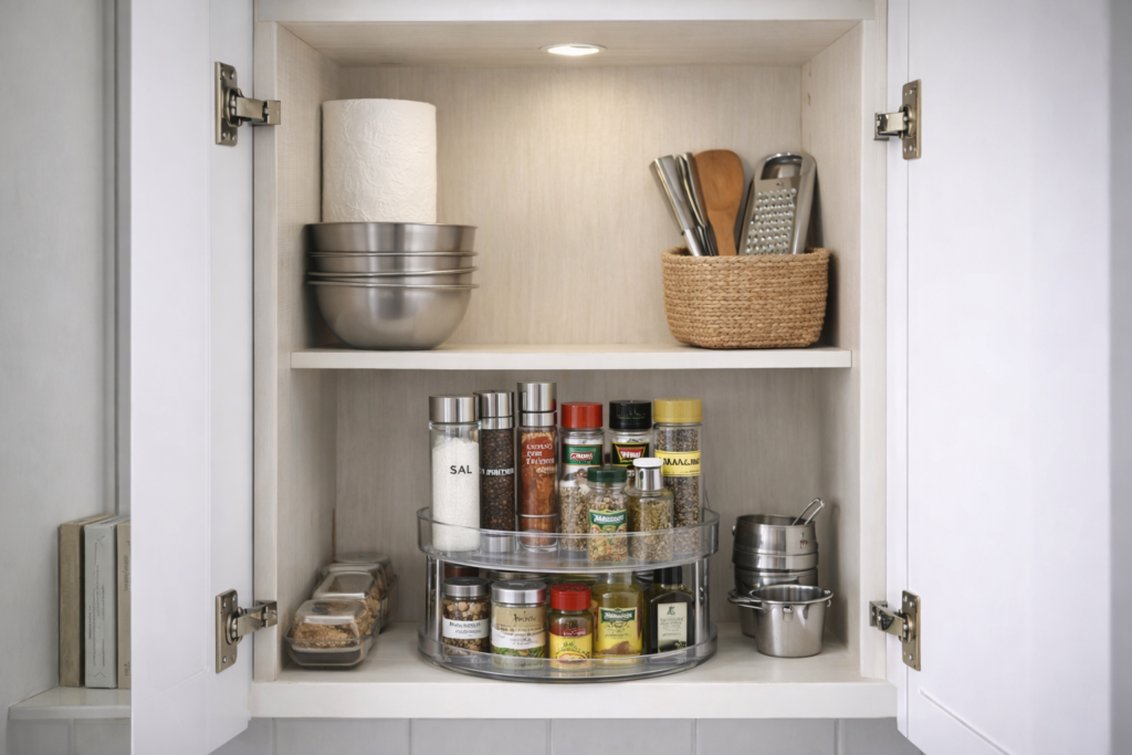 Se seus temperos vivem caindo, misturados ou escondidos no fundo do armário, o problema não é falta de espaço. É falta de organização inteligente.