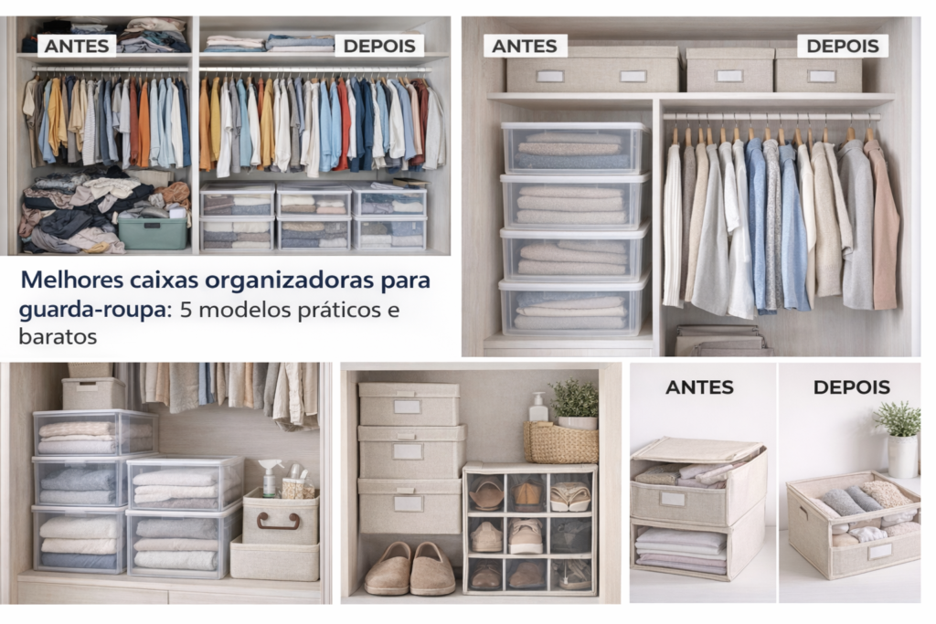Caixas organizadoras para guarda-roupa organizando roupas dobradas em armário pequeno
